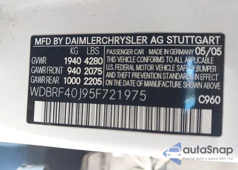 2005 Mercedes-Benz C 230 Kompressor Sport z USA, uszkodzony, nr VIN WDBRF40J95F721975